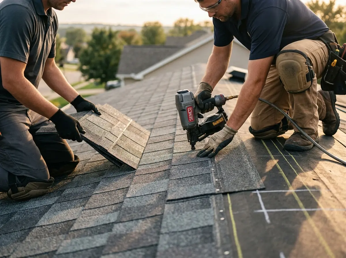 Professional roofer working on a residential roof in Wareham